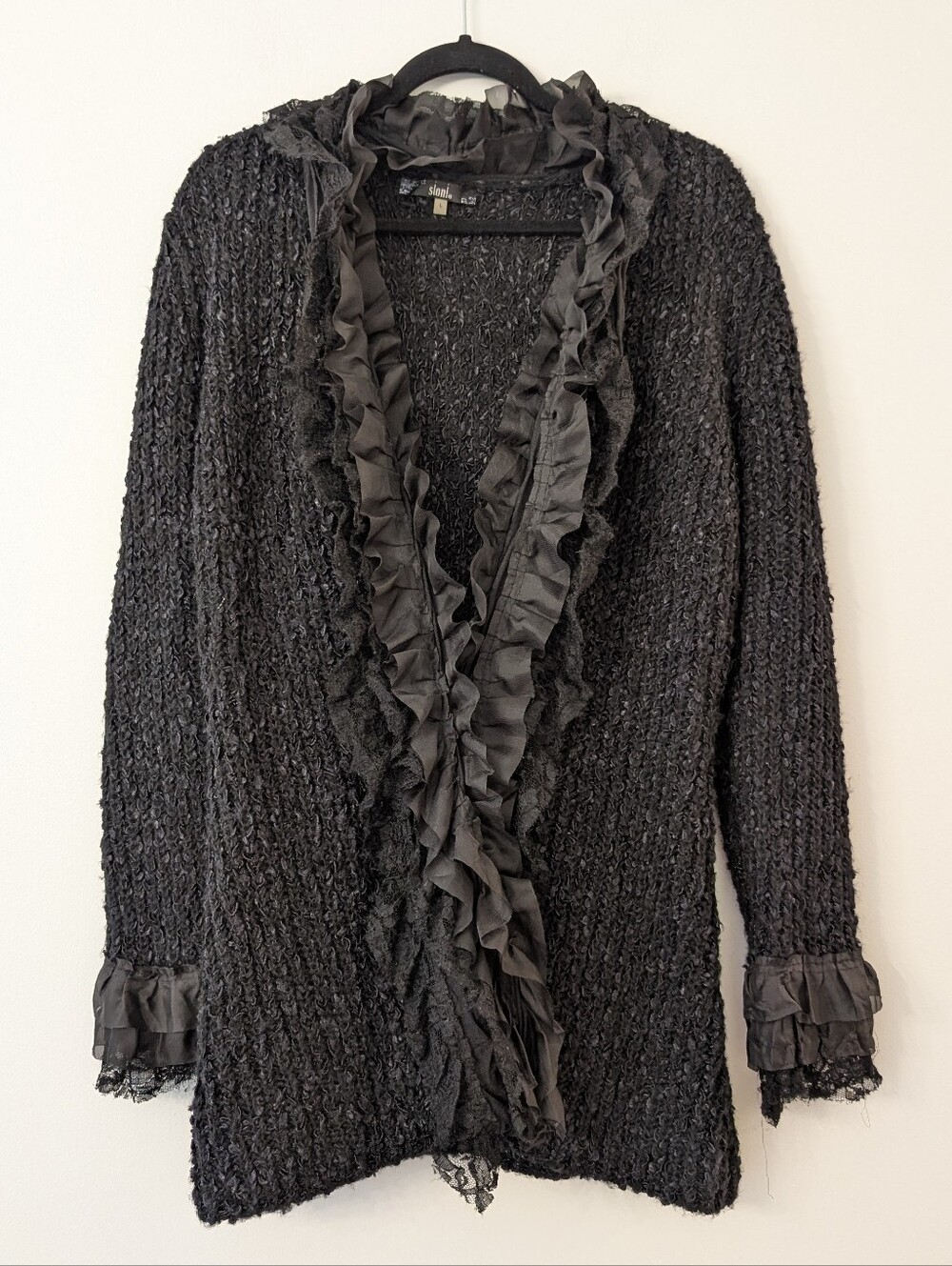 Slonl Black Ruffle Trim Open Front Knit Cardigan Sweater Lace Hem Large